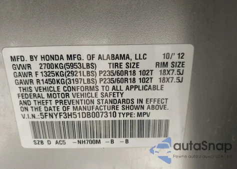 2013 Honda Pilot Ex-L z USA, uszkodzony, nr VIN 5FNYF3H51DB007310